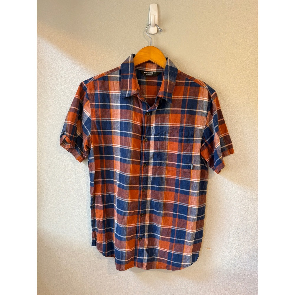 Outdoor Research Plaid Button Down Mens Medium Orange Navy Short Sleeve Hiking